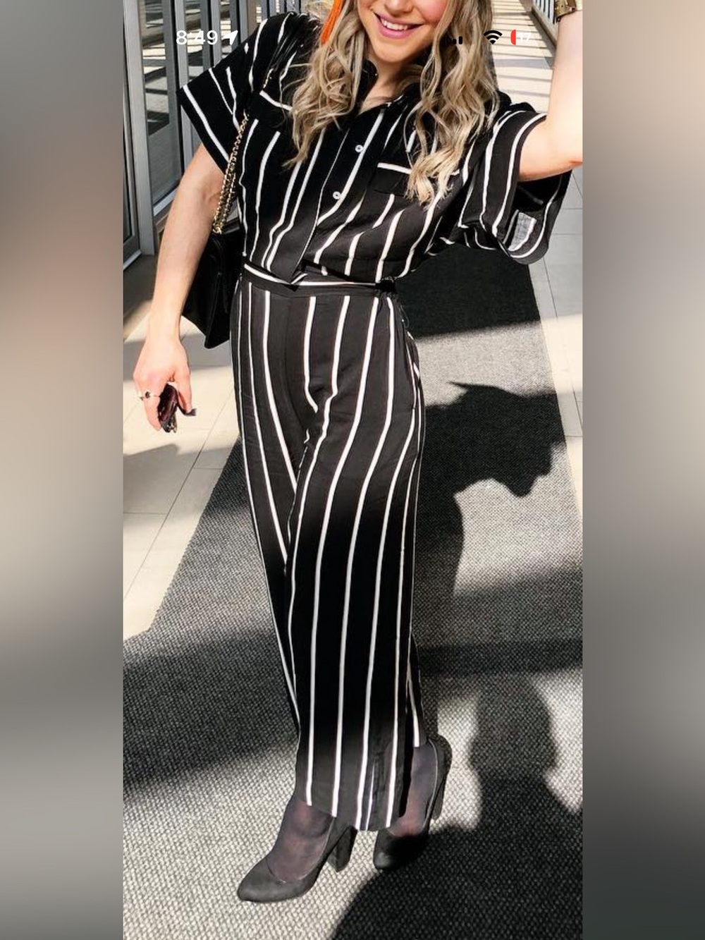 H&M Black Wide-Leg Jumpsuit with White and Beige Pinstripes